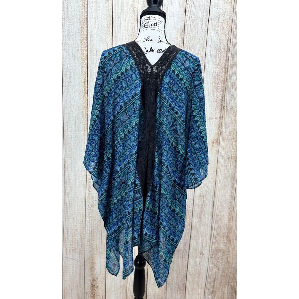 Miraclesuit Caftan Cover-Up Small S Blue Black Lace Trim Sheer Kimono Style